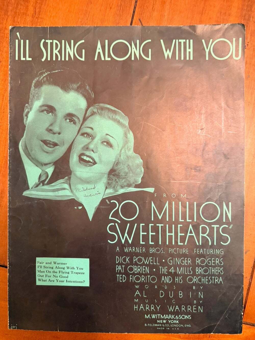 1934 I'll String Along With You Sheet Music Ginger Rogers Dick Powell Movie